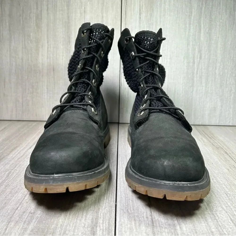 Timberland Black Suede Weave Knit Upper Ankle Boots Combat Bootie Women’s Size 9 - Picture 5 of 10